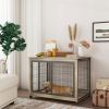 Furniture Style Dog Crate Side Table on Wheels with Double Doors and Lift Top. Grey, 43.7'' W x 30'' D x 31.1'' H.